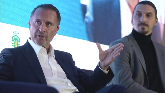 Gerry Cardinale, Founder, Managing Partner and Chief Investment Officer of RedBird Capital Partners; Owner of AC Milan, left, and Zlatan Ibrahimovic, Operating Partner of RedBird Capital Partners, Senior Advisor of AC Milan, attend the FT Business of Football Summit in London, Thursday, Feb. 29, 2024. As the summit returns for its sixth edition, top execs from across US and Europe will be flying in to debate and discuss the financial forces transforming the game. (AP Photo/Kin Cheung)