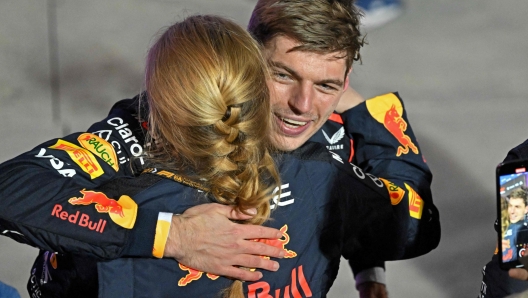 Red Bull Racing's Dutch driver Max Verstappen celebrates winning the Bahrain Formula One Grand Prix at the Bahrain International Circuit in Sakhir on March 2, 2024. (Photo by ANDREJ ISAKOVIC / AFP)