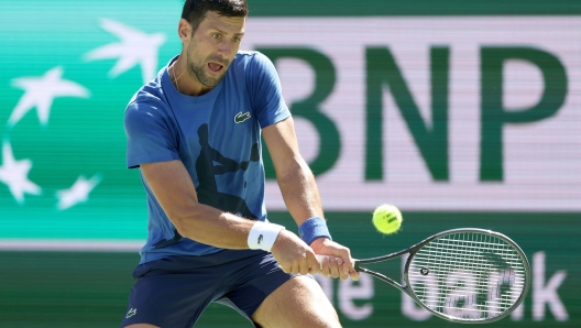 INDIAN WELLS, CALIFORNIA - MARCH 05: Novak Djokovic trains in preparation for the BNP Paribas Open at Indian Wells Tennis Garden on March 05, 2024 in Indian Wells, California.   Matthew Stockman/Getty Images/AFP (Photo by MATTHEW STOCKMAN / GETTY IMAGES NORTH AMERICA / Getty Images via AFP)