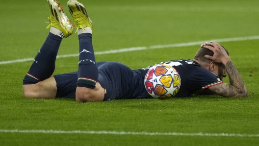 Lazio's Ciro Immobile reacts after a missed scoring opportunity during the Champions League round of 16 second leg soccer match between FC Bayern Munich and Lazio at the Allianz Arena stadium in Munich, Germany, Tuesday, March 5, 2024. (AP Photo/Matthias Schrader)