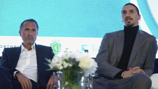 Gerry Cardinale, Founder, Managing Partner and Chief Investment Officer of RedBird Capital Partners; and Owner of AC Milan, left, and Zlatan Ibrahimovic, Operating Partner of RedBird Capital Partners and Senior Advisor of AC Milan, attend the FT Business of Football Summit in London, Thursday, Feb. 29, 2024. As the summit returns for its sixth edition, top execs from across US and Europe will be flying in to debate and discuss the financial forces transforming the game. (AP Photo/Kin Cheung)