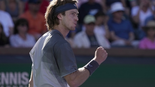 Andrey Rublev, of Russia, reacts after winning a point against Andy Murray, of Great Britain, at the BNP Paribas Open tennis tournament in Indian Wells, Calif., Friday, March 8, 2024. (AP Photo/Mark J. Terrill)