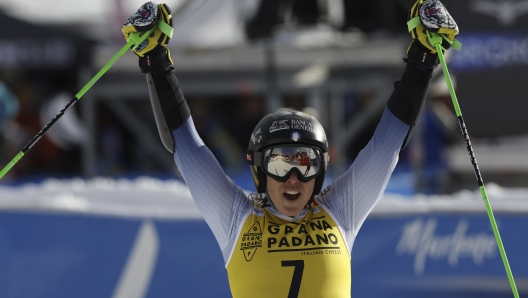 Italy's Federica Brignone reacts after winning an alpine ski, women's World Cup giant slalom, in Are, Sweden, Saturday, March 9, 2024. (AP Photo/Alessandro Trovati)