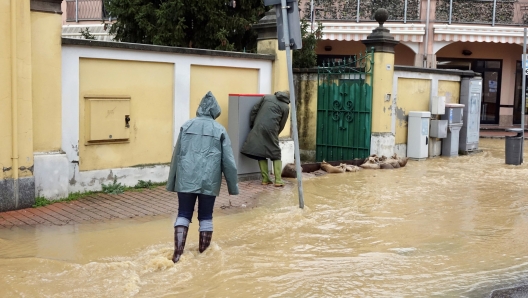 A general view on flooded streets after storms with gusts of wind hit the city with the sea water entering the streets causing flooding, at Spinetta Marengo district in Alessandria, Italy, 10 March 2024. The situation is constantly monitored by the Local Police and Civil Protection, active since the night. ANSA/DINO FERRETTI