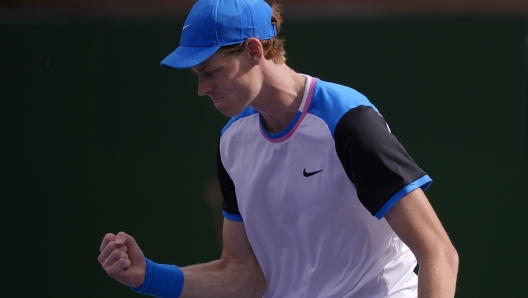 Jannik Sinner, of Italy, reacts after winning a game against Jan-Lennard Struff, of Germany, at the BNP Paribas Open tennis tournament in Indian Wells, Calif., Sunday, March 10, 2024. (AP Photo/Ryan Sun)