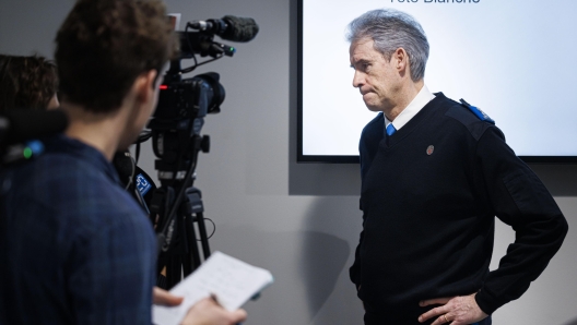 epa11213810 Christian Varone, Commandant of the Valais Cantonal Police, answers the questions of the media after a press conference following the discovery of 5 ski tourers who had died near Tete Blanche in the Swiss alps mountains, in Sion, Switzerland, 11 March 2024. Five cross-country skiers who went missing during a ski tour in Switzerland were found dead, while a search was still on for the sixth skier. The skiers, five of them members of the same family, went missing around Tete Blanche mountain on Saturday 09 March on the Zermatt-Arolla path, near the Matterhorn mountain that straddles the border between Switzerland and Italy.  EPA/VALENTIN FLAURAUD