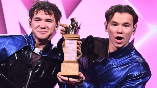 Norwegian singers Marcus & Martinus celebrate winning the final of 'Melodifestivalen' song contest at Friends Arena in Stockholm, on March 9, 2024. Marcus & Martinus will represent Sweden in the Eurovision Song Contest. (Photo by Claudio BRESCIANI / TT News Agency / AFP) / Sweden OUT