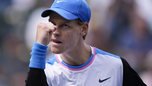 Jannik Sinner, of Italy, reacts to winning a point against Jiri Lehecka, of the Czech Republic, during a quarterfinal match at the BNP Paribas Open tennis tournament, Thursday, March 14, 2024, in Indian Wells, Calif. (AP Photo/Mark J. Terrill)     Associated Press / LaPresse Only italy and Spain