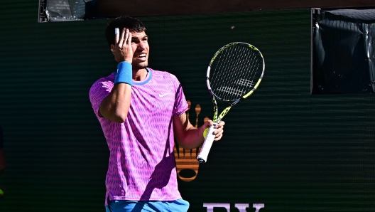 Spain's Carlos Alcaraz reacts to a swarm of bees during his men's quarterfinal tennis match against Germany's Alexander Zverev during the ATP-WTA Indian Wells Masters at the Indian Wells Tennis Garden in Indian Wells, California, on March 14, 2024. The match has been temporarily suspended until the arrival of beekepers. (Photo by Frederic J. BROWN / AFP)