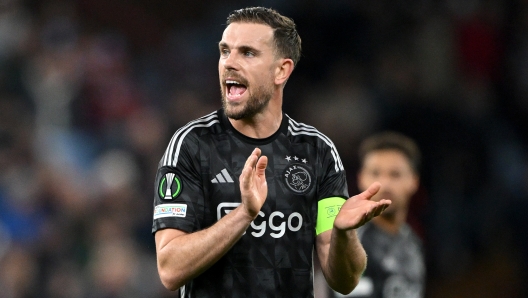 BIRMINGHAM, ENGLAND - MARCH 14: Jordan Henderson of Ajax reacts during the UEFA Europa Conference League 2023/24 round of 16 second leg match between Aston Villa and AFC Ajax at Villa Park on March 14, 2024 in Birmingham, England. (Photo by Shaun Botterill/Getty Images)