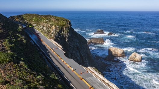 A break in the southbound lane of Highway 1 at Rocky Creek Bridge in Big Sur, Calif., Monday, April 1, 2024. (AP Photo/Nic Coury)