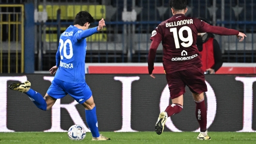 Empoli's midfielder Matteo Cancellieri scores during the Italian serie A soccer match Empoli FC vs Torino FC at Carlo Castellani Stadium in Empoli, Italy, 6 April  2024 ANSA/CLAUDIO GIOVANNINI