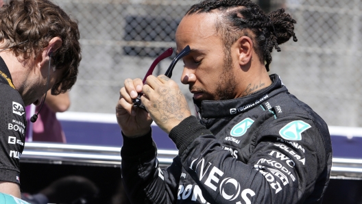 Mercedes driver Lewis Hamilton of Britain preparers to race for the Japanese Formula One Grand Prix at the Suzuka Circuit in Suzuka, central Japan, Sunday, April 7, 2024. (AP Photo/Hiro Komae)