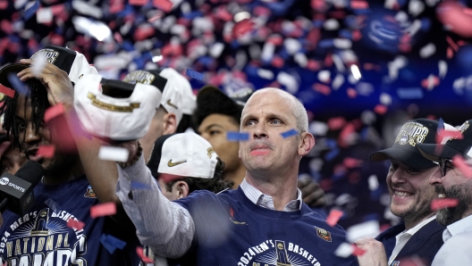 UConn head coach Dan Hurley celebrates after the NCAA college Final Four championship basketball game against Purdue, Monday, April 8, 2024, in Glendale, Ariz. (AP Photo/Brynn Anderson)