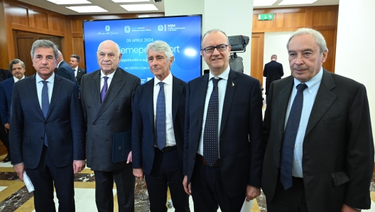 (da sinistra) Roberto Pella, i ministri della Giustizia Carlo Nordio, per lo Sport Andrea Abodi e dell'Istruzione Giuseppe Valditara, Beniamino Quintieri, nel corso della presentazione delle misure e opportunità per lo sport a Roma, 9 aprile 2024. ANSA/MAURIZIO BRAMBATTI