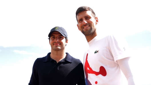 MONTE-CARLO, MONACO - APRIL 10: Formula 1 Motorsport Driver, Carlos Sainz Jr. and Tennis Player, Novak Djokovic of Serbia, pose for a photo on day four of the Rolex Monte-Carlo Masters at Monte-Carlo Country Club on April 10, 2024 in Monte-Carlo, Monaco. (Photo by Julian Finney/Getty Images)