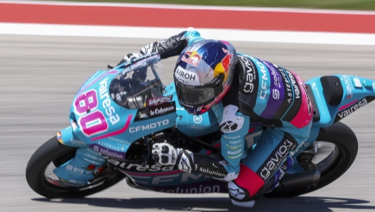 epa11275654 Columbian rider David Alonso of the CFMOTO Aspar Team in action during the  practice session of the Moto3 category for the Motorcycling Grand Prix of The Americas at the Circuit of The Americas in Austin, Texas, USA, 12 April 2024  EPA/ADAM DAVIS