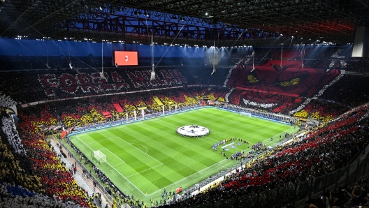 MILAN, ITALY - MAY 10: A general view as fans of AC Milan create a TIFO during the UEFA Champions League semi-final first leg match between AC Milan and FC Internazionale at San Siro on May 10, 2023 in Milan, Italy. (Photo by Diego Puletto - AC Milan/AC Milan via Getty Images)