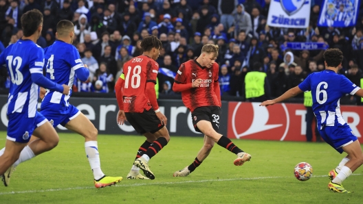 NYON, SWITZERLAND - APRIL 19: Alexander Simmelhack of AC Milan U19 scores his team's second goal during the UEFA Youth League 2023/24 Semi-Final match between FC Porto and AC Milan at Centre Sportif de Colovray on April 19, 2024 in Nyon, Switzerland. (Photo by Giuseppe Cottini/AC Milan via Getty Images)