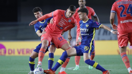 Udinese's Lorenzo Lucca (L) Hellas Verona's Stefan Mitrovic (R) during the Italian Serie A soccer match Hellas Verona vs Udinese Calcio at Marcantonio Bentegodi stadium in Verona, Italy, 20 April 2024.  ANSA/EMANUELE PENNACCHIO