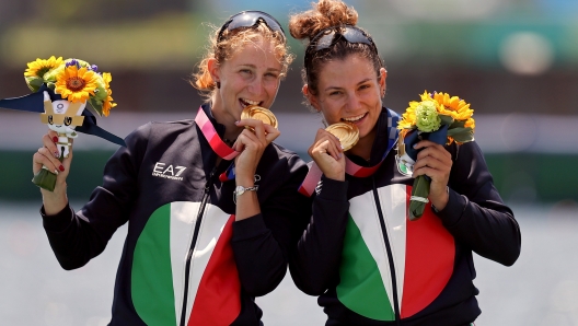 TOKYO, JAPAN - JULY 29:  Gold medalists Valentina Rodini and Federica Cesarini of Team Italy pose with their medals during the medal ceremony for the Lightweight Women's Double Sculls Final A on day six of the Tokyo 2020 Olympic Games at Sea Forest Waterway on July 29, 2021 in Tokyo, Japan. (Photo by Naomi Baker/Getty Images)