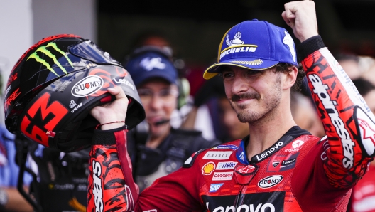 Italian rider Francesco Bagnaia of the Ducati Lenovo Team celebrates after winning the MotoGP race of the Spanish Motorcycle Grand Prix at the Angel Nieto racetrack in Jerez de la Frontera, Spain, Sunday, April 28, 2024. (AP Photo/Jose Breton)