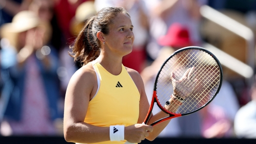 CHARLESTON, SOUTH CAROLINA - APRIL 06: Daria Kasatkina celebrates after defeating Jessica Pegula of the United States during the semifinal match on Day 6 of the WTA 500 Credit One Charleston Open 2024 at Credit One Stadium on April 06, 2024 in Charleston, South Carolina.   Elsa/Getty Images/AFP (Photo by ELSA / GETTY IMAGES NORTH AMERICA / Getty Images via AFP)