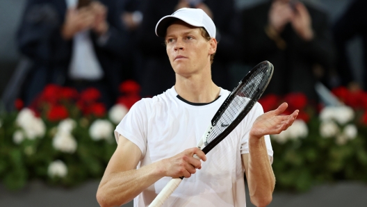 MADRID, SPAIN - APRIL 29: Jannik Sinner of Italy celebrates victory against Pavel Kotov of Russia during their Men's Round of 32 match during day seven of the Mutua Madrid Open at La Caja Magica on April 29, 2024 in Madrid, Spain. (Photo by Clive Brunskill/Getty Images)