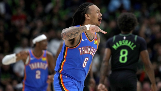 NEW ORLEANS, LOUISIANA - APRIL 29: Jaylin Williams #6 of the Oklahoma City Thunder reacts after scoring a three-point basket during the first quarter in Game Four of the first round of the 2024 NBA Playoffs against the New Orleans Pelicans at Smoothie King Center on April 27, 2024 in New Orleans, Louisiana. NOTE TO USER: User expressly acknowledges and agrees that, by downloading and or using this photograph, User is consenting to the terms and conditions of the Getty Images License Agreement.   Sean Gardner/Getty Images/AFP (Photo by Sean Gardner / GETTY IMAGES NORTH AMERICA / Getty Images via AFP)