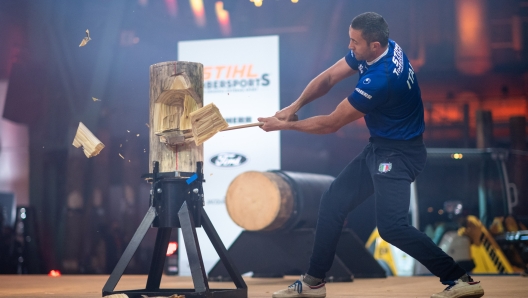 Andrea Rossi of Italy compete during the STIHL TIMBERSPORTS® World Championship in Munich, Germany on October 3, 2021.