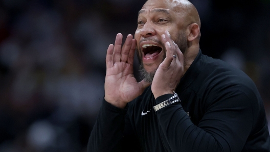 DENVER, COLORADO - APRIL 29: Head coach Darvin Ham of the Los Angeles Lakers directs his team against the Denver Nuggets in the first quarter during game five of the Western Conference First Round Playoffs at Ball Arena on April 29, 2024 in Denver, Colorado. NOTE TO USER: User expressly acknowledges and agrees that, by downloading and or using this photograph, User is consenting to the terms and conditions of the Getty Images License Agreement.   Matthew Stockman/Getty Images/AFP (Photo by MATTHEW STOCKMAN / GETTY IMAGES NORTH AMERICA / Getty Images via AFP)