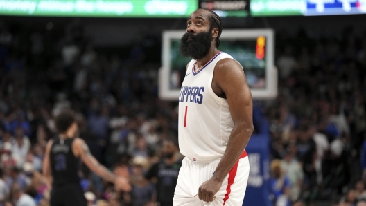 Los Angeles Clippers guard James Harden (1) looks up during the fourth quarter of an NBA basketball first-round playoff series against the Dallas Mavericks Friday, May 3, 2024, in Dallas. (AP Photo/Jeffrey McWhorter)