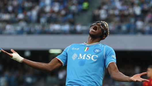 Napoli?s forward Victor Osimhen reacts during the Italian Serie A soccer match SSC Napoli vs AS Roma at "Diego Armando Maradona" stadium in Naples, Italy,  28 April 2024  ANSA/CESARE ABBATE