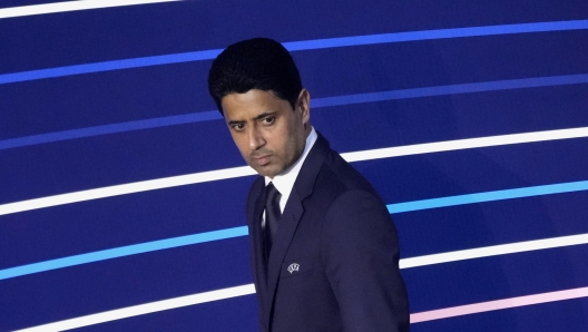 PSG president Nasser Al-Khelaifi attends the 48th UEFA congress Thursday, Feb. 8, 2024 in Paris. (AP Photo/Christophe Ena)