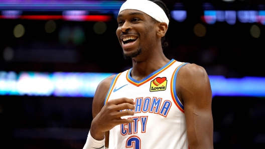 NEW ORLEANS, LOUISIANA - APRIL 27: Shai Gilgeous-Alexander #2 of the Oklahoma City Thunder reacts to a call during the first quarter of Game Three of the first round of the 2024 NBA Playoffs against the New Orleans Pelicans at Smoothie King Center on April 27, 2024 in New Orleans, Louisiana. NOTE TO USER: User expressly acknowledges and agrees that, by downloading and or using this photograph, User is consenting to the terms and conditions of the Getty Images License Agreement.   Sean Gardner/Getty Images/AFP (Photo by Sean Gardner / GETTY IMAGES NORTH AMERICA / Getty Images via AFP)