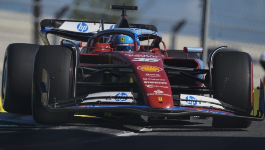 Ferrari driver Charles Leclerc, of Monaco, steers his car during the qualifying session for the Formula One Miami Grand Prix auto race Saturday, May 4, 2024, in Miami Gardens, Fla. (AP Photo/Rebecca Blackwell)