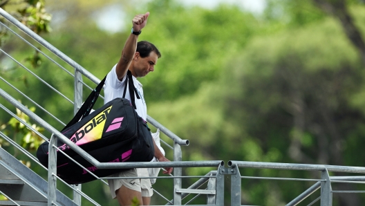 ROME, ITALY - MAY 11: Rafael Nadal of Spain waves as he crosses a foot bridge on Day Four of the Internazionali BNL D'Italia 2024 at Foro Italico on May 11, 2024 in Rome, Italy. (Photo by Mike Hewitt/Getty Images)