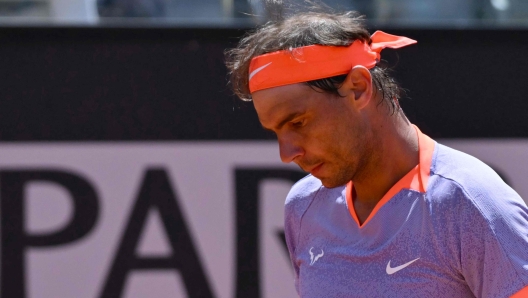 Spain's Rafael Nadal reacts during his match against Belgium's Zizou Bergs at the Men's ATP Rome Open tennis tournament at Foro Italico in Rome on May 9, 2024. (Photo by Andreas SOLARO / AFP)