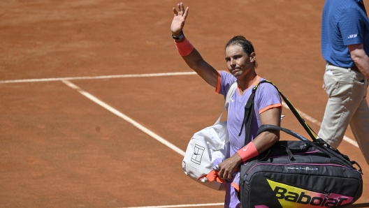 Rafael Nadal of Spain at the end of the match against Hubert Hurkacz of Poland (not pictured) during their men's singles match at the Italian Open tennis tournament in Rome, Italy, 11 May 2024. ANSA/ALESSANDRO DI MEO