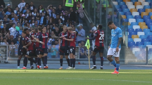 Bologna?s defender Stefan Posch   jubilates with his teammate after scoring the goal    in action during the Italian Serie A soccer match between SSC Napoli  and Bologna FC  at ' Diego Armando Maradona' stadium in Naples , Italy,  11 May 2024. ANSA/CESARE ABBATE