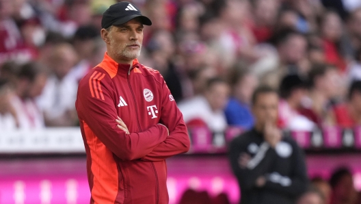 Bayern's head coach Thomas Tuchel follows the game during the German Bundesliga soccer match between Bayern Munich and VfL Wolfsburg at the Allianz Arena in Munich, Germany, Sunday, May 12, 2024. (AP Photo/Matthias Schrader)