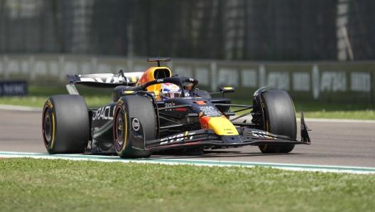 Red Bull driver Max Verstappen of the Netherlands steers his car during the Italy's Emilia Romagna Formula One Grand Prix race at the Dino and Enzo Ferrari racetrack in Imola, Italy, Sunday, May 19, 2024. (AP Photo/Antonio Calanni)