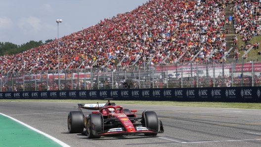 Ferrari driver Charles Leclerc of Monaco steers his car during the Italy's Emilia Romagna Formula One Grand Prix race at the Dino and Enzo Ferrari racetrack in Imola, Italy, Sunday, May 19, 2024. (AP Photo/Antonio Calanni)