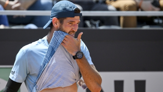 Andrea Vavassori of Italy in action against Dominik Koepfer of Germany (not pictured) during their men's singles match at the Italian Open tennis tournament in Rome, Italy, 09 May 2024. ANSA/ALESSANDRO DI MEO