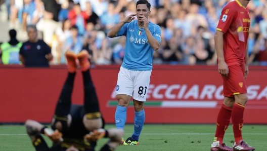 Napoli's Giacomo Raspadori looks dejected  during the Serie A soccer match between Napoli and Lecce at the Diego Armando Maradona Stadium in Naples, southern Italy - Sunday, May 26 , 2024. Sport - Soccer .  (Photo by Alessandro Garofalo/Lapresse)