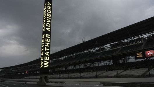 A weather advisory is posted and fans have been asked to clear the stands as storm clouds move in over the Indianapolis Motor Speedway forcing a delay for the Indianapolis 500 auto race at Indianapolis Motor Speedway in Indianapolis, Sunday, May 26, 2024. (AP Photo/Michael Conroy)