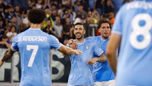 Lazios Mattia Zaccagni (C) celebrates with teammates after scoring during the Italian Serie A soccer match between Lazio and Sassuolo at the Olimpico stadium in Rome, Italy,, Rome 26 May 2024. ANSA/FABIO FRUSTACI