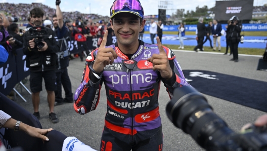 JEREZ DE LA FRONTERA, SPAIN - APRIL 27: Jorge Martin of Prima Pramac Racing celebrates after winning the sprint race of the Spanish Jerez Grand Prix at the Circuito de Jerez - Angel Nieto in Jerez de la Frontera, Spain on April 27, 2024. (Photo by Burak Akbulut/Anadolu via Getty Images)