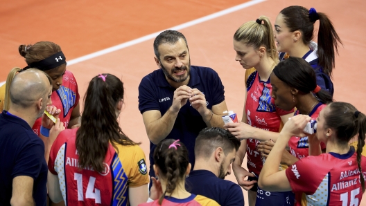 MILAN, ITALY - JANUARY 16: Marco Gaspari Head coach of Vero Volley Milano gestures during the match of CEV Champions League Women Volley between Allianz Vero Volley Milano and VakifBank Istanbul at Allianz Cloud on January 16, 2024 in Milan, Italy. (Photo by Giuseppe Cottini/AC Milan via Getty Images)