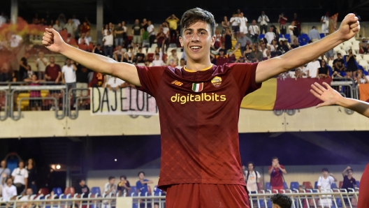 SAN BENEDETTO DEL TRONTO, ITALY - JUNE 26:  Federico Coletta of AS Roma celebrates the victory after the U16 Serie A e B Final match between Fiorentina and AS Roma at Stadio Riviera delle Palme on June 26, 2023 in San Benedetto del Tronto, Italy.  (Photo by Giuseppe Bellini/Getty Images)